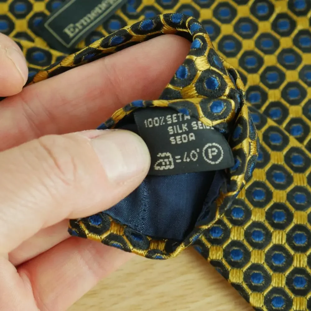 Ermenegildo Zegna 100% Silk Tie Jacquard Gold Blue Dot print 55